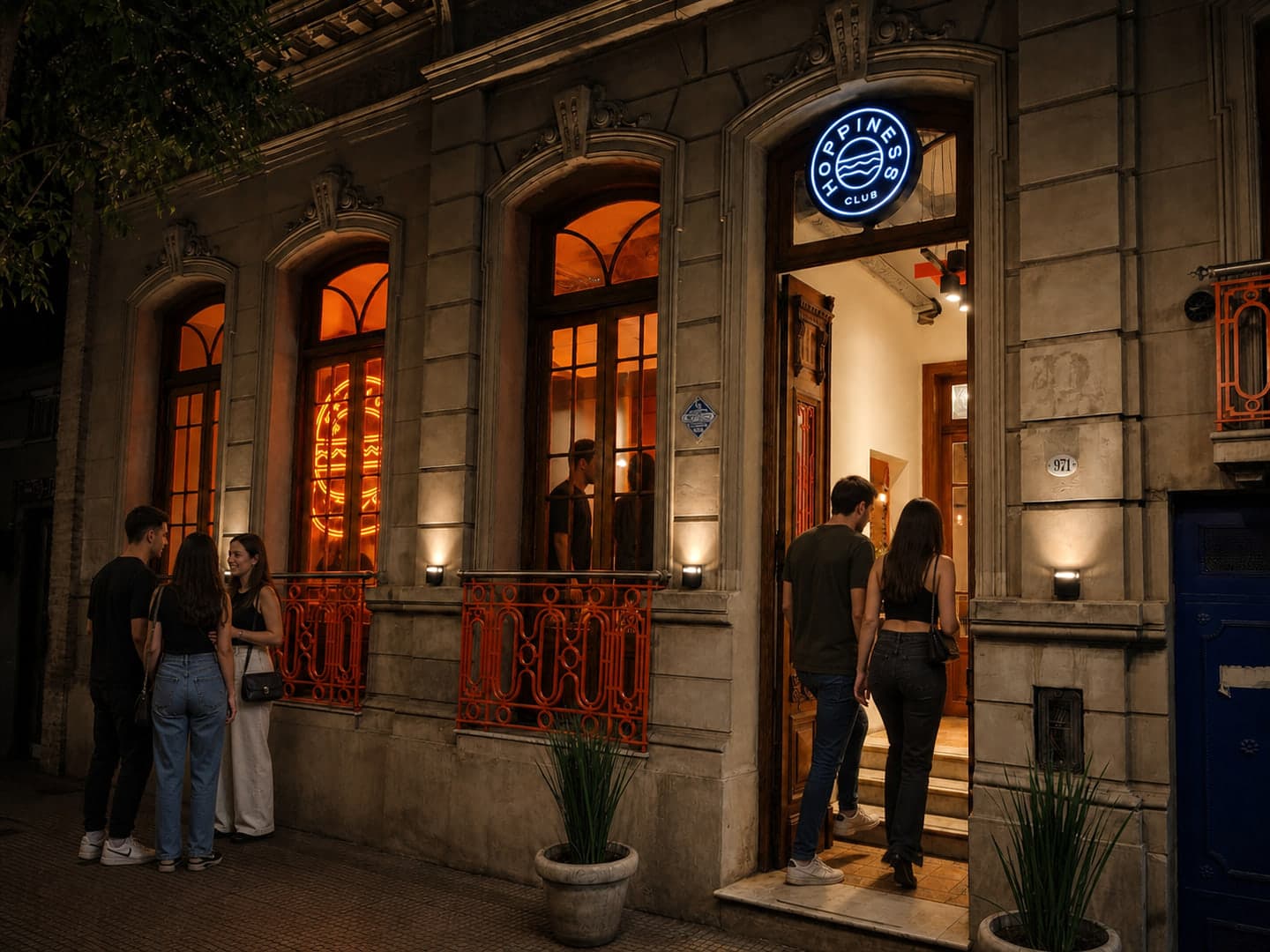 Fachada nocturna de Hoppiness Club General Paz en 25 de Mayo 971, con clientes entrando, el sello iluminado y las barandas naranjas.