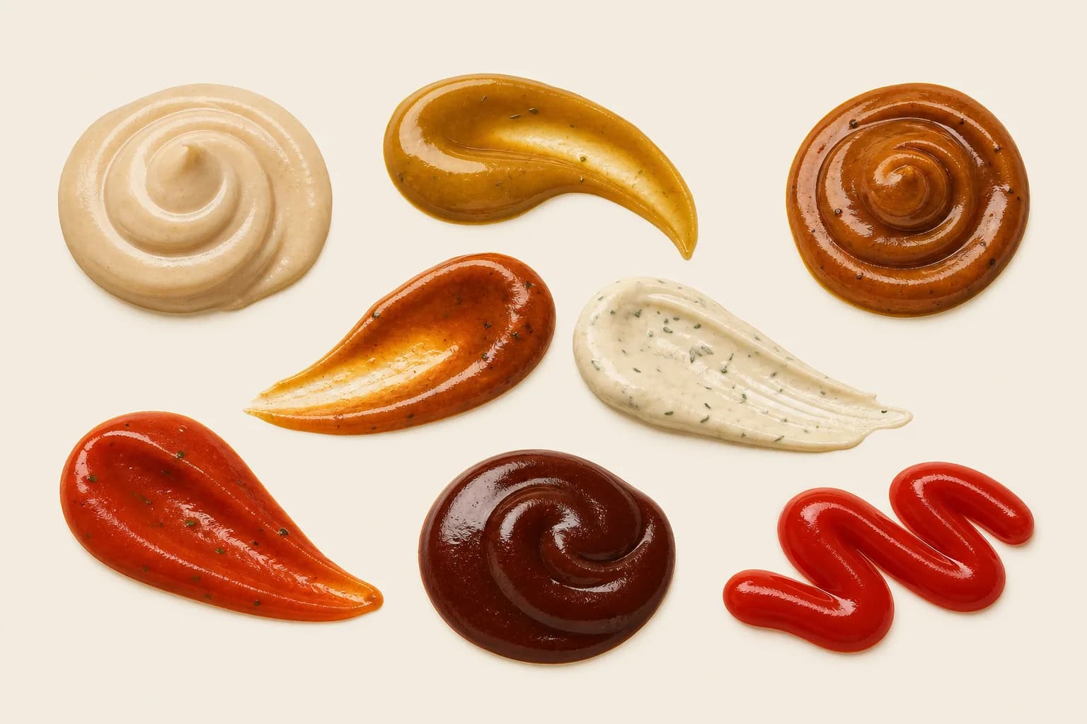 Ocho gestos de salsa Hoppiness servidos sin envases sobre el campo crema