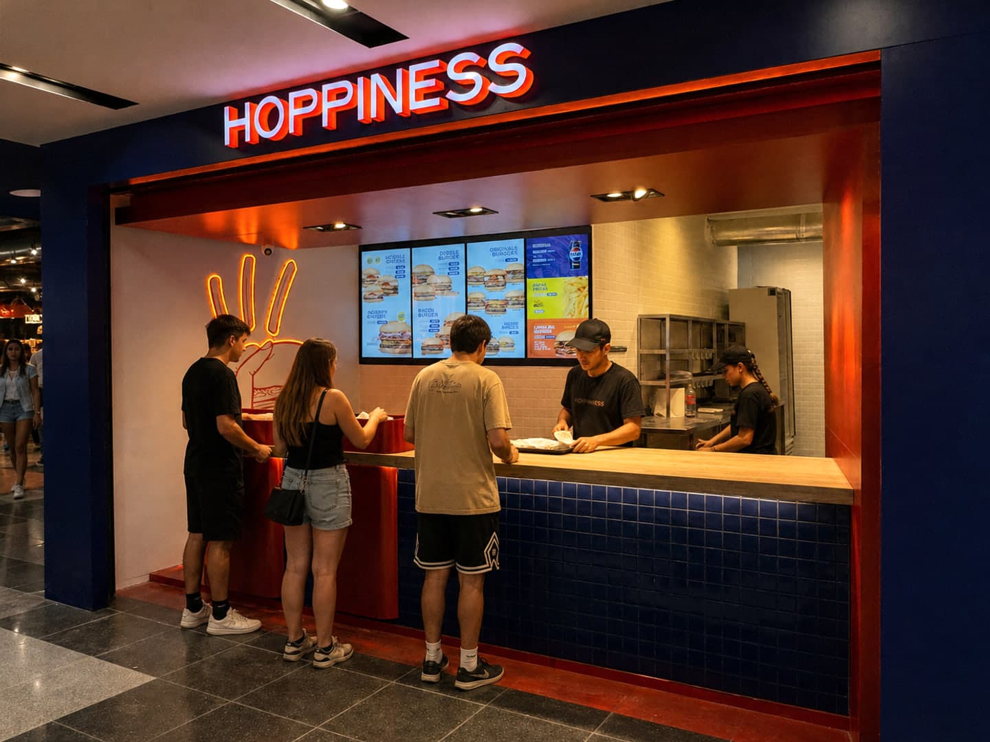 Servicio nocturno en Hoppiness Club Villa Carlos Paz, con clientes en la barra azul y el equipo trabajando en la cocina a la vista.